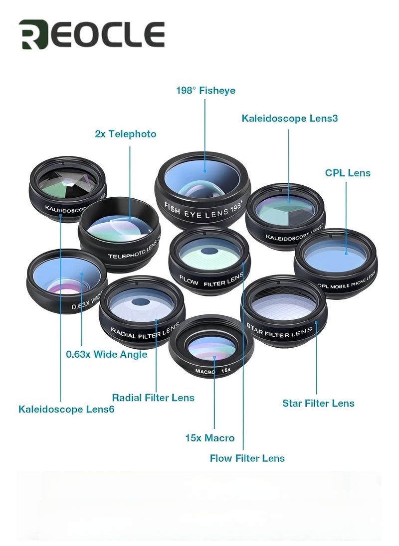 REOCLE Pro Lens Kit Phone Camera Lens Kit 10 in 1 Lenses for iPhone and Android Universal Clip on Wide Angle Macro  Fisheye Camera Lenses  - Image 3