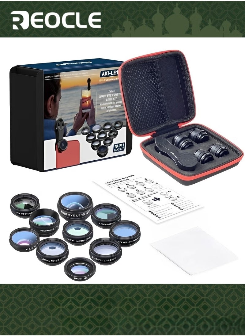 REOCLE Pro Lens Kit Phone Camera Lens Kit 10 in 1 Lenses for iPhone and Android Universal Clip on Wide Angle Macro  Fisheye Camera Lenses  - Image 1