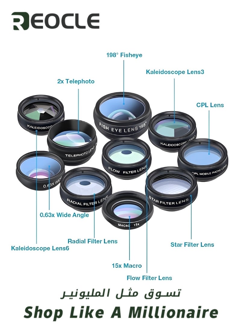 REOCLE - Pro Lens Kit Phone Camera Lens Kit 10 in 1 Lenses for iPhone and Android Universal Clip on Wide Angle Macro  Fisheye Camera Lenses - Image 1