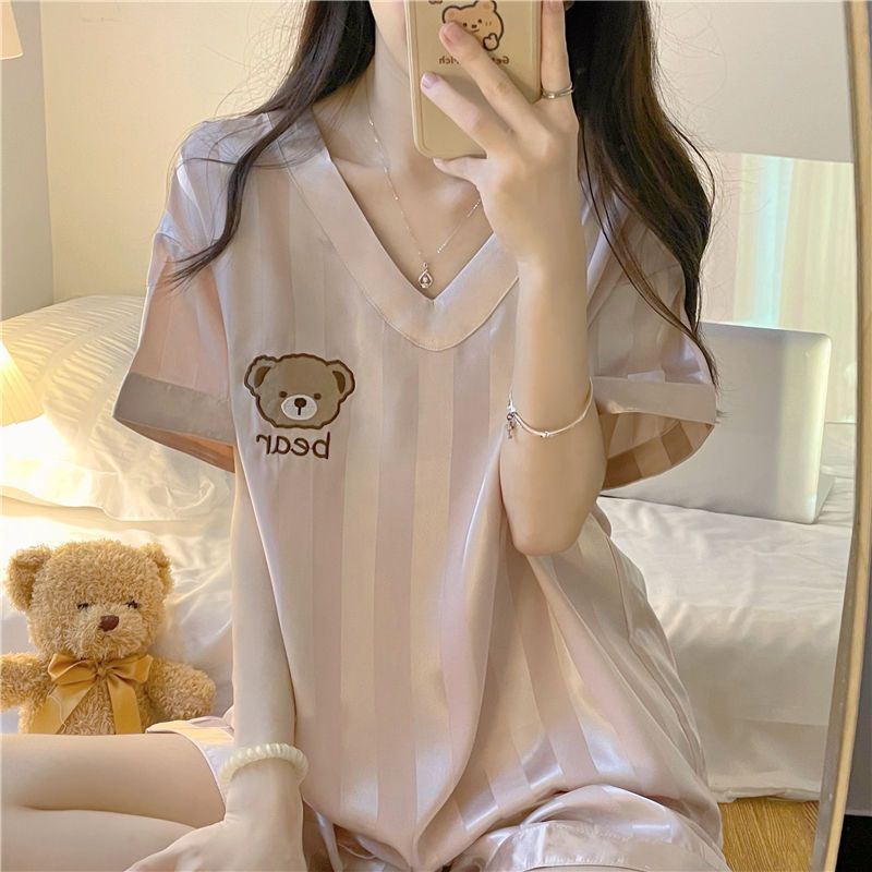 Women's Ice Silk Sleepwear Set Short Sleeve Shorts with Bear Print V-Neck - Image 2