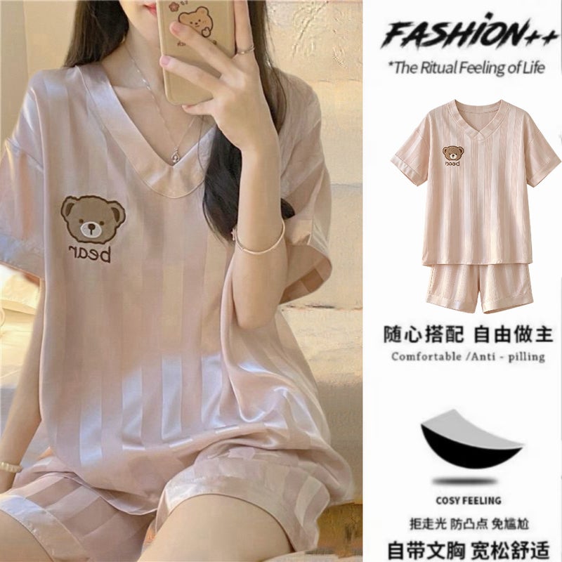 Women's Ice Silk Sleepwear Set Short Sleeve Shorts with Bear Print V-Neck - Image 4