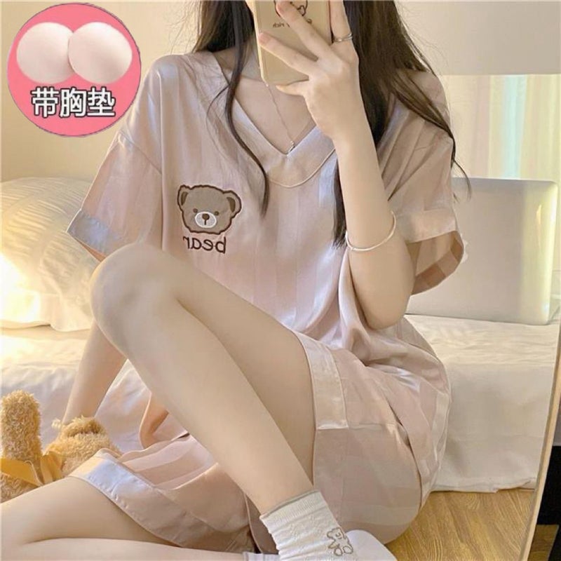 Women's Ice Silk Sleepwear Set Short Sleeve Shorts with Bear Print V-Neck - Image 3