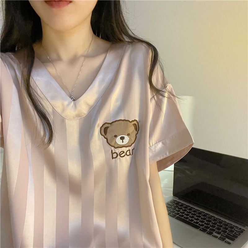 Women's Ice Silk Sleepwear Set Short Sleeve Shorts with Bear Print V-Neck - Image 5
