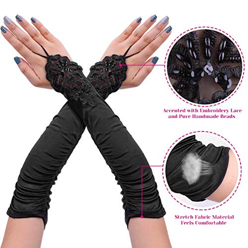 cridoz Flapper Accessories, 1920s Gatsby Accessories for Women Includes Flapper Headbands Necklace Gloves Black - Image 4