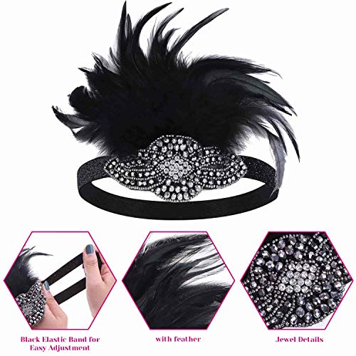 cridoz Flapper Accessories, 1920s Gatsby Accessories for Women Includes Flapper Headbands Necklace Gloves Black - Image 3