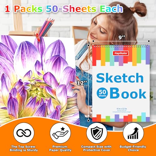 Hapikalor 9" x 12" Sketch Book, 1-Pack 50 Sheets Spiral Bound Art Sketchbook, Acid Free Artist Drawing Paper Pad for Beginners Artists - Image 2