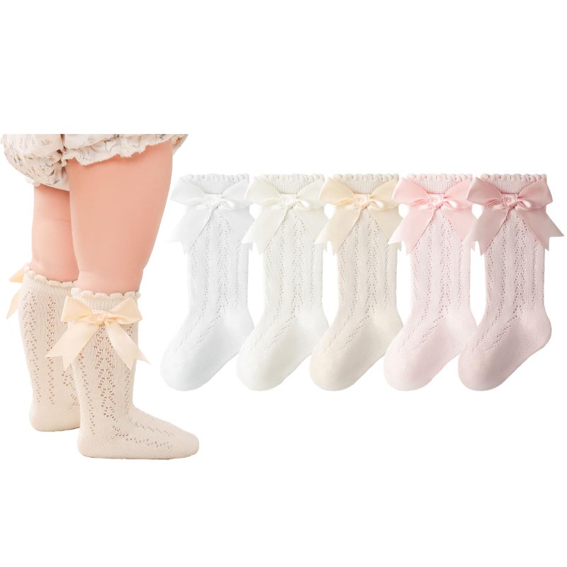 CHUNG Toddler Baby Girls Knee Hight Stocking Cotton Socks 0-7Years Solid Color Bowknot Thin Spring Summer,5pk-LtColor8218,M,1-3Y - Image 1