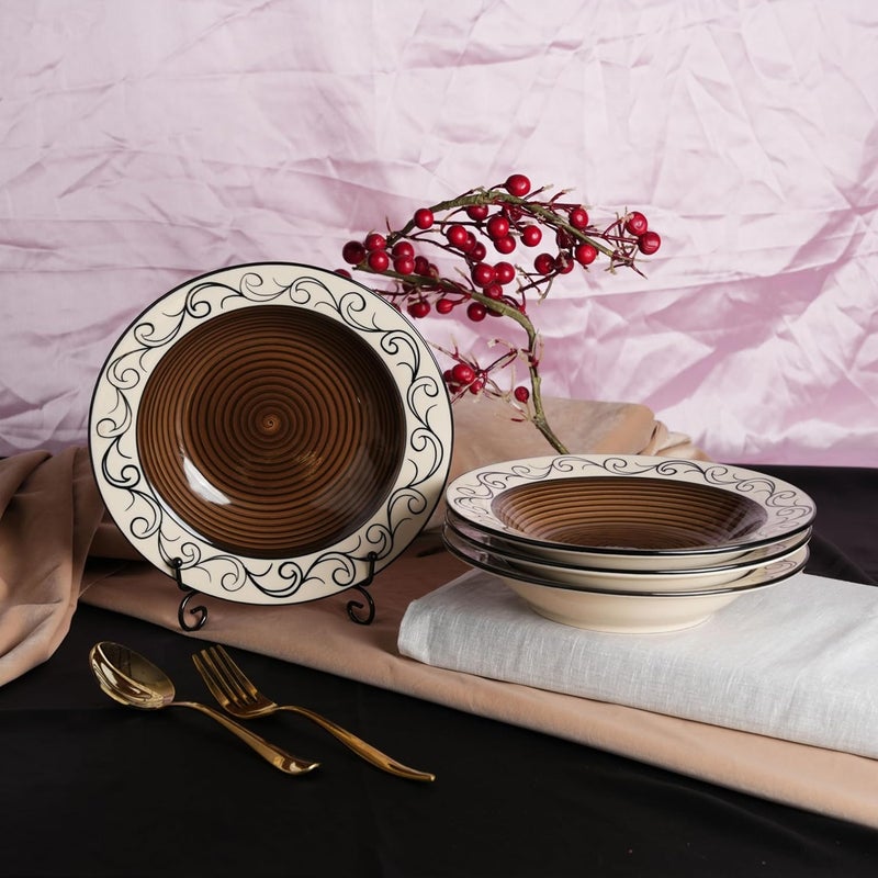 Caffeine Ceramic Handmade Stoneware Brown Doodle Soup Plate/Pasta Plate/Maggie Plate/Macaroni Plate 9 inch (Set of 6 Microwave & Dishwasher Safe) - Image 3