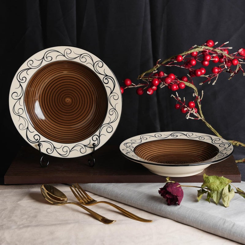 Caffeine Ceramic Handmade Stoneware Brown Doodle Soup Plate/Pasta Plate/Maggie Plate/Macaroni Plate 9 inch (Set of 6 Microwave & Dishwasher Safe) - Image 4
