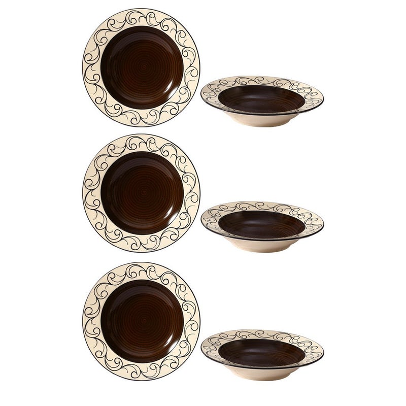 Caffeine Ceramic Handmade Stoneware Brown Doodle Soup Plate/Pasta Plate/Maggie Plate/Macaroni Plate 9 inch (Set of 6 Microwave & Dishwasher Safe) - Image 1