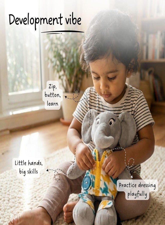LiLLBUD Elephant Soft Toy for Toddlers (1-2.5 Years) - Plush Toy with Zip, Button & Velcro | Builds Fine Motor Skills & Daily Independence | Gift for 1 Year Girl & Boy - Image 3