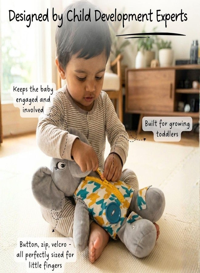 LiLLBUD Elephant Soft Toy for Toddlers (1-2.5 Years) - Plush Toy with Zip, Button & Velcro | Builds Fine Motor Skills & Daily Independence | Gift for 1 Year Girl & Boy - Image 4
