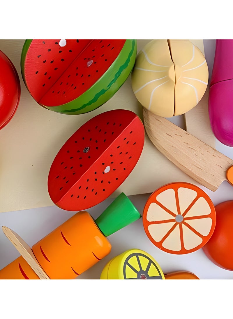 طقم تقطيع فواكه مكون من 12 قطعة بتصميم شريحة مغناطيسية، ألعاب خضروات خشبية ملونة، مجموعة لعب خشبية للتظاهر بالخضروات، لعبة تعليمية مبكرة، طلاء مائي غير سام - Image 3