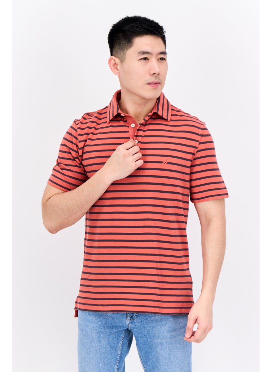 NAUTICA Men Regular Fit Stripe Short Sleeve Polo Shirts, Rust  - Image 1