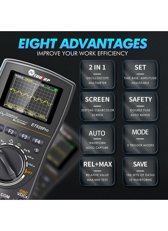 Generic ET828PRO 2in1 Oscilloscope Multimeter 50Msps Sampling Rate 10Mhz Bandwidth Handheld Oscope Meter 2.4inch Color Display 6000 Counts Voltage Current Resistance Capacitance Test Meter  - Image 2