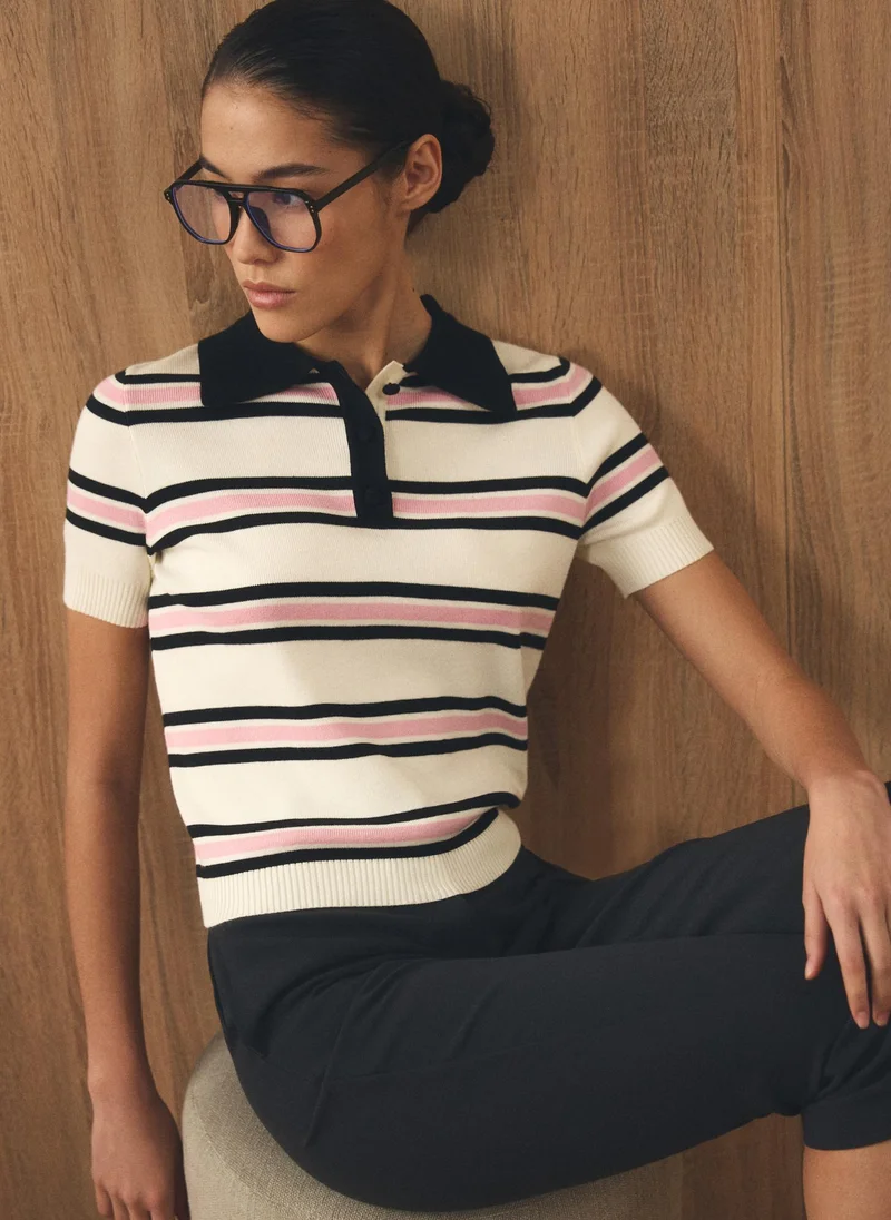 Lichi Striped polo shirt with short sleeves and contrasting collar