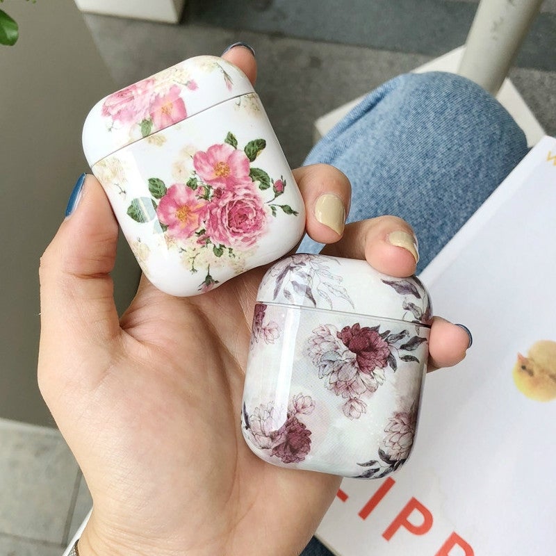 For Apple AirPods 1/2 Generation Glossy Peony Bluetooth Headphone Protective Case(Red)