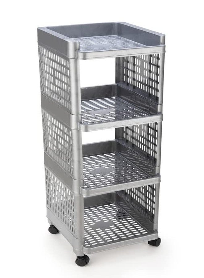 Finner Square 4 Layer Multipurpose Shelf Stand Basket Rack Trolley with Wheels for Kitchen & Office Use Easy-to-Move Slide Out Stand Rack Basket Fruits & Vegetables Basket Stand-(Grey) - Image 1