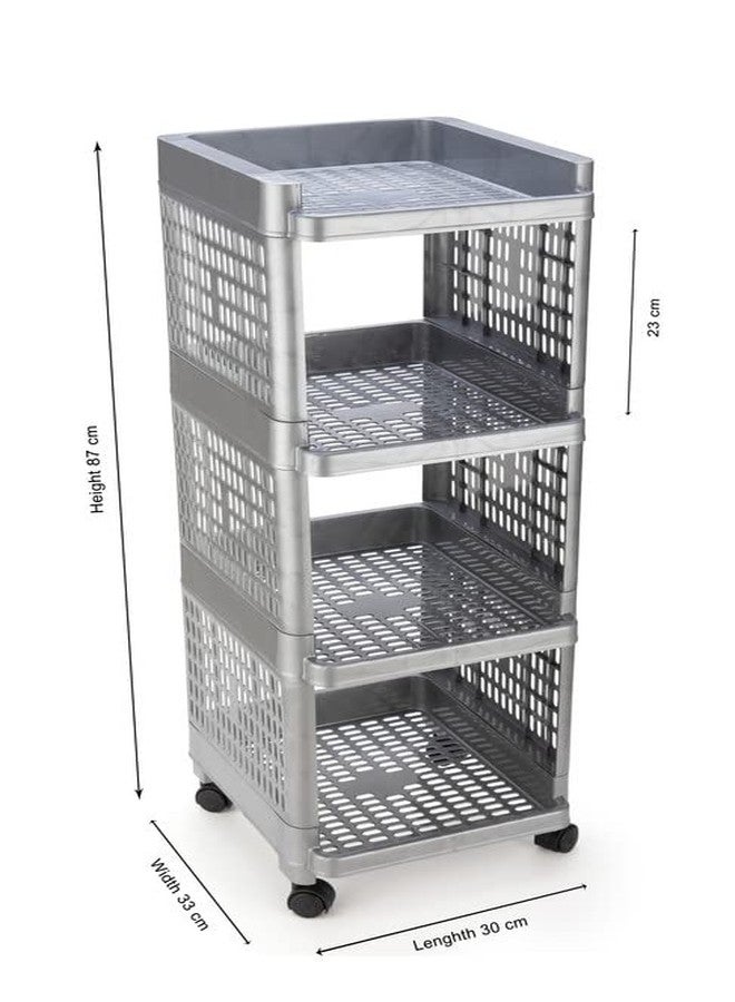 Finner Square 4 Layer Multipurpose Shelf Stand Basket Rack Trolley with Wheels for Kitchen & Office Use Easy-to-Move Slide Out Stand Rack Basket Fruits & Vegetables Basket Stand-(Grey) - Image 5