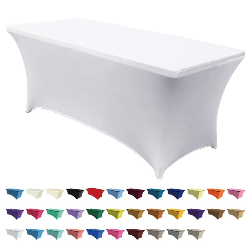 غطاء طاولة أبيض من سبانديكس بطول 6 أقدام من ABCCANOPY، غطاء طاولة مشدود مقاوم للتجاعيد، قابل لإعادة الاستخدام لطاولة قابلة للطي مستطيلة، لحفلات الزفاف والمناسبات وحماية الطاولة