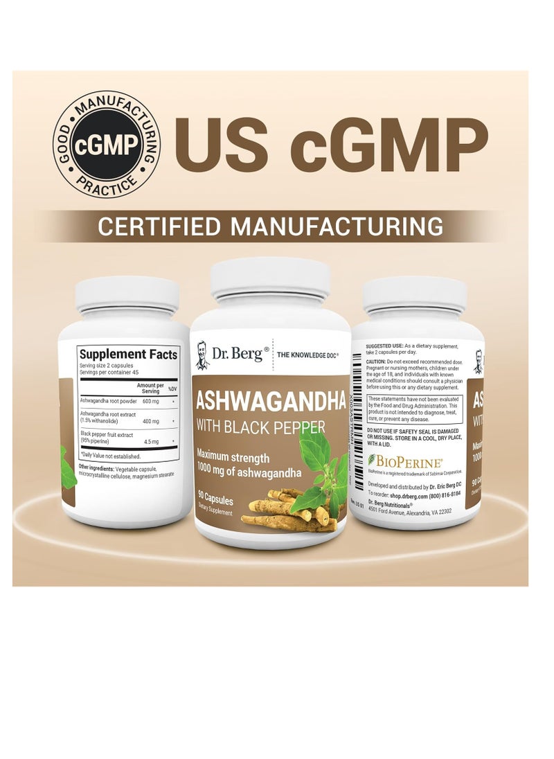 Dr. Berg Nutritionals - Ashwagandha Capsules 1000mg - Includes Ashwagandha Root with Black Pepper from Bioperine - Ashwagandha Supplements 90 Capsules - Image 1