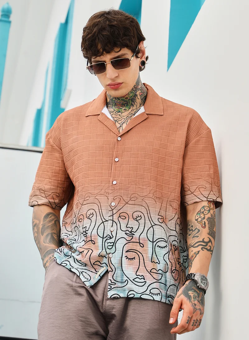 Campus Sutra Men's Cantaloupe Orange Faces-Ombre Oversized Shirt | Cuban Collar , Short Regular Sleeve , Button Closure , Straight Hem | Abstract Placement Print Textured | Shirt For Casual Wear