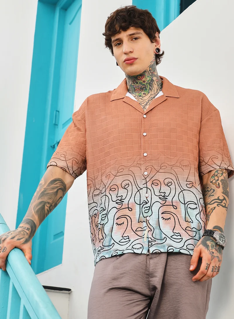 Campus Sutra Men's Cantaloupe Orange Faces-Ombre Oversized Shirt | Cuban Collar , Short Regular Sleeve , Button Closure , Straight Hem | Abstract Placement Print Textured | Shirt For Casual Wear