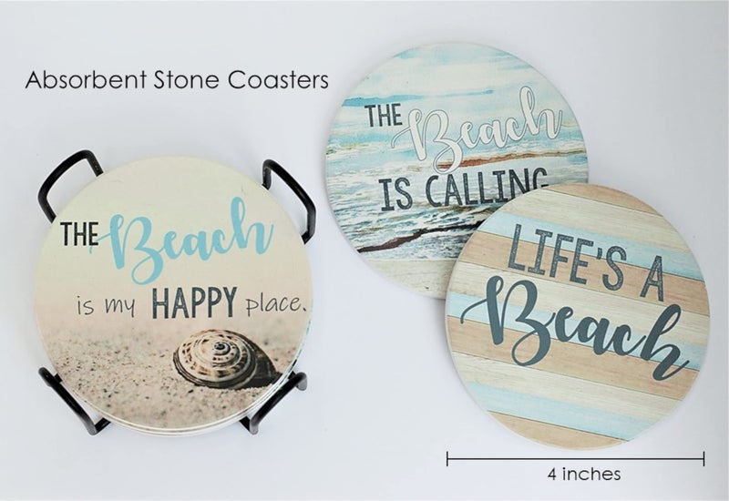 PANCHH COLLECTIONS Panchh Beach Coastal & Ocean Sea Tropical موضوعية للمشروبات ديكور المطبخ والهدايا لمنزل الشاطئ والبارات الشاطئية - الوقايات للطاولة الخشبية - مجموعة من 6 مع امتصاص حامل  - Image 2