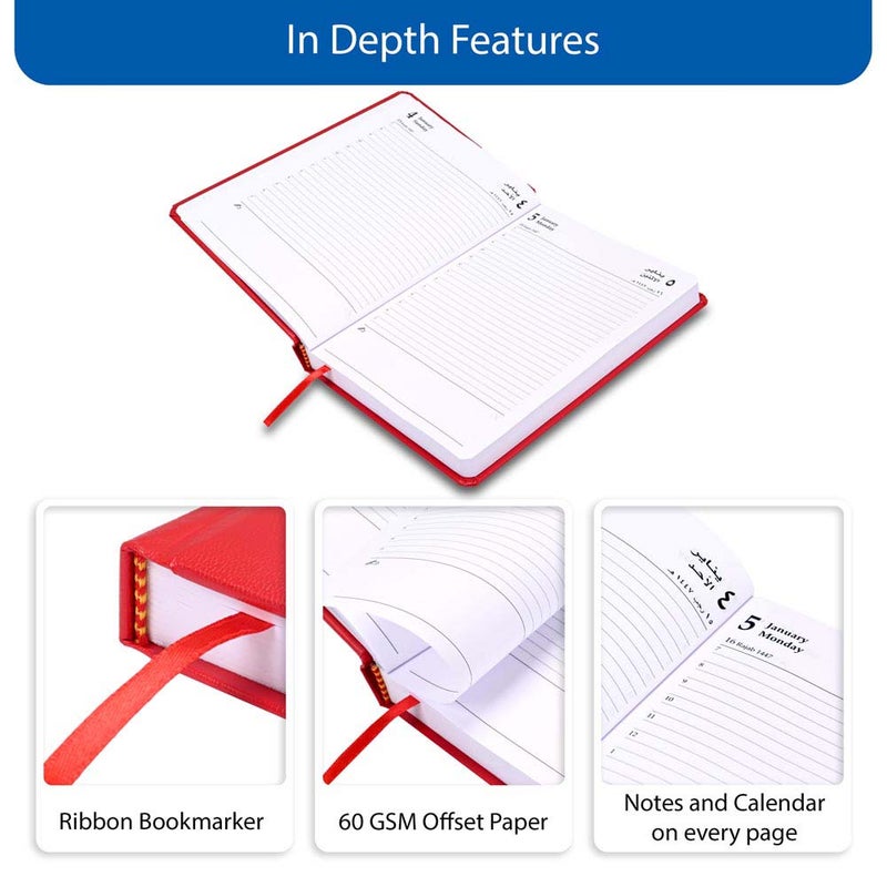 FIS 2026 A5 Diary, 148x210mm, 1 Side Padded Vinyl Cover with Round Corners, 1 Day a Page Format, Arabic/English, 60gsm White Paper, Red Cover-FSDI23AE26RE - Image 5