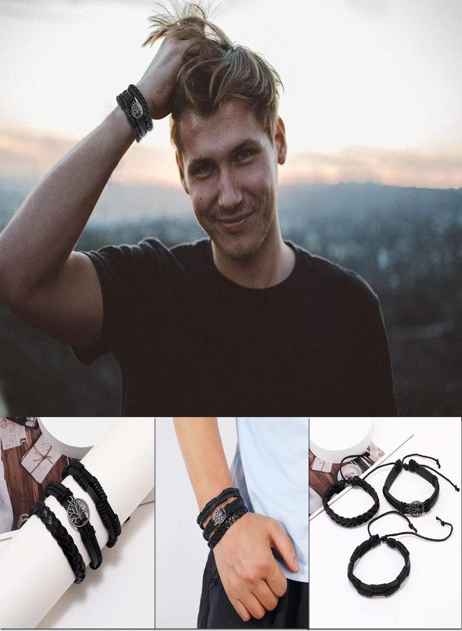 MOZAKA 36Pcs Braided Leather Bracelets for Men Women Handmade Wrap Woven Cuff Bracelets Wooden Beaded Bracelets Vintage Ethnic Tribal Wristbands Bracelet Set Adjustable, Leather, hematite - Image 5