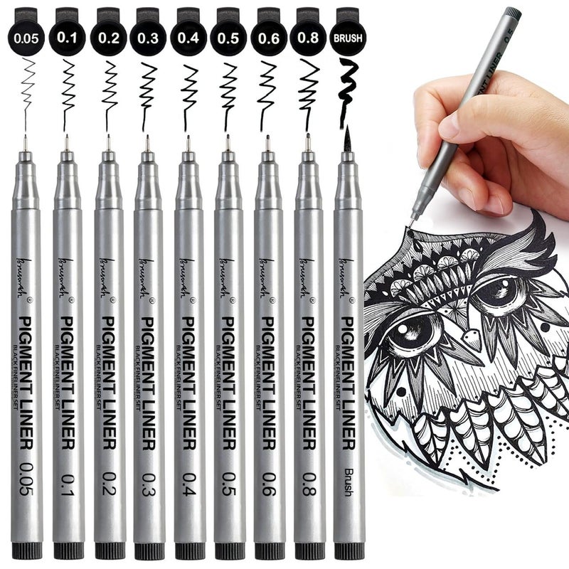 Brusarth Precision Black MicroPen Fineliner Ink Pens Waterproof Archival Ink Drawing Pen Artist Illustration Pens Multiliner for Art Watercolor Sketching Anime Manga Design 9SetBlack
