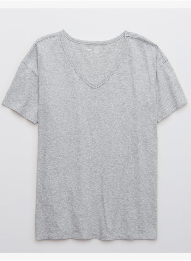 Aerie - Aerie Distressed Basic V Neck Boyfriend T-Shirt - Image 1