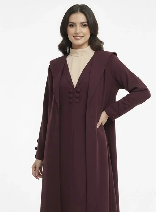 عبايات لمحة عباية عملية بقصة بليزر مع فستان منفصل مزينة بأزرار بلون العنابي