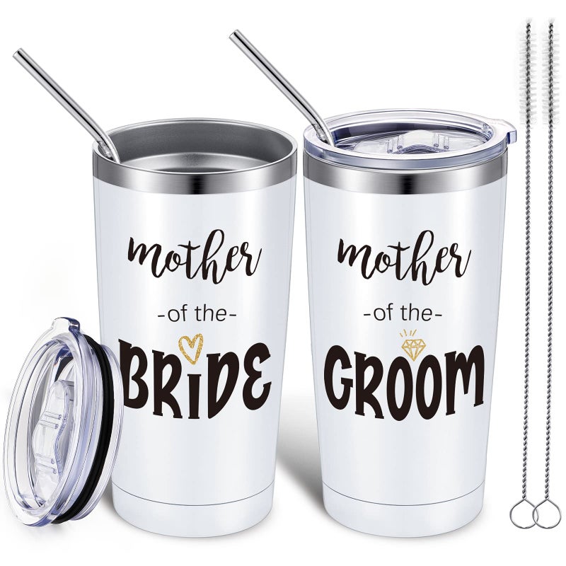 Cunhill 2 Pieces Mother of the Groom Mother of the Bride Mug Tumblers Wedding Gift for Engagement Announcement Party Insulated Tumbler Stainless Steel with Lid Straw Brush WhiteSimple Style