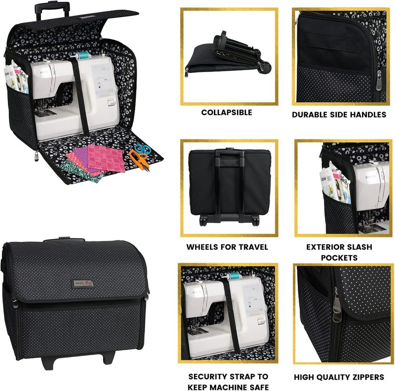 everything Mary Collapsible Sewing Machine Case, Black Dot - Craft Rolling Tote Cover Bag with Wheels for Brother, Singer & Most Machines - Storage Organization Carrying Cart for Accessories - Image 4
