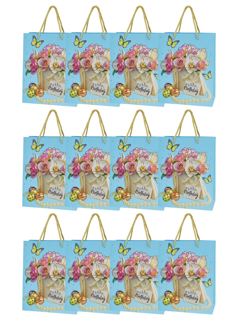 Toshionics Happy Birthday Gift Bags with Handles 12 Pcs – Small Party Favor Bags Bulk for Kids & Adults – Glossy Durable Cardboard Gift Bags for Birthdays, Baby Shower, Anniversary, Party Supplies – 18x10x23cm (Model 3337S) - Image 1