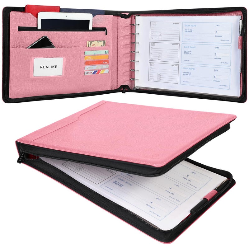 REALIKE Zippered Business Checkbook Binder for Business Checks, 7 Ring Check Binder for 9x13 Sheets,600 Checks Capacity, PU Leather Portfolio with Zipper Pouch & Storage Organizer - Image 1