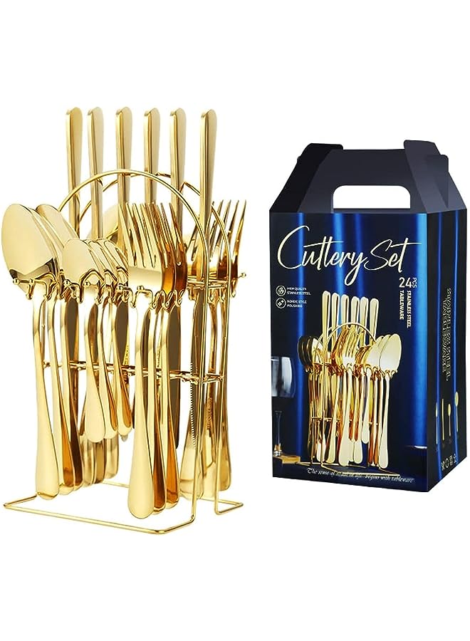 IAF Piece Silverware Flatware Set With Stand,Mirror Polished Cutlery Set,(knife, fork, table spoon, tea spoon)*6 sets for 6 people,Noble Gold - Image 1