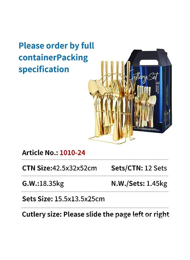 IAF Piece Silverware Flatware Set With Stand,Mirror Polished Cutlery Set,(knife, fork, table spoon, tea spoon)*6 sets for 6 people,Noble Gold - Image 2