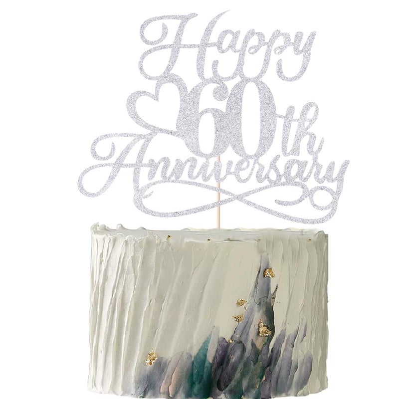 YUINYO Silver Glitter Happy 60th Anniversary Cake Toppers -Wedding Anniversary Party Decorations 60th Wedding Anniversary  Company Anniversary Party  Birthday Party Decorations - Image 1