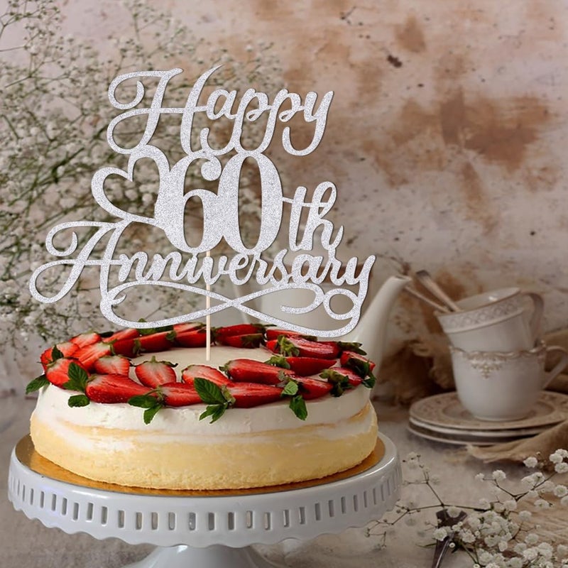 YUINYO Silver Glitter Happy 60th Anniversary Cake Toppers -Wedding Anniversary Party Decorations 60th Wedding Anniversary  Company Anniversary Party  Birthday Party Decorations - Image 3