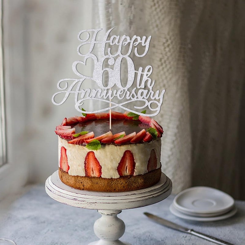 YUINYO Silver Glitter Happy 60th Anniversary Cake Toppers -Wedding Anniversary Party Decorations 60th Wedding Anniversary  Company Anniversary Party  Birthday Party Decorations - Image 5