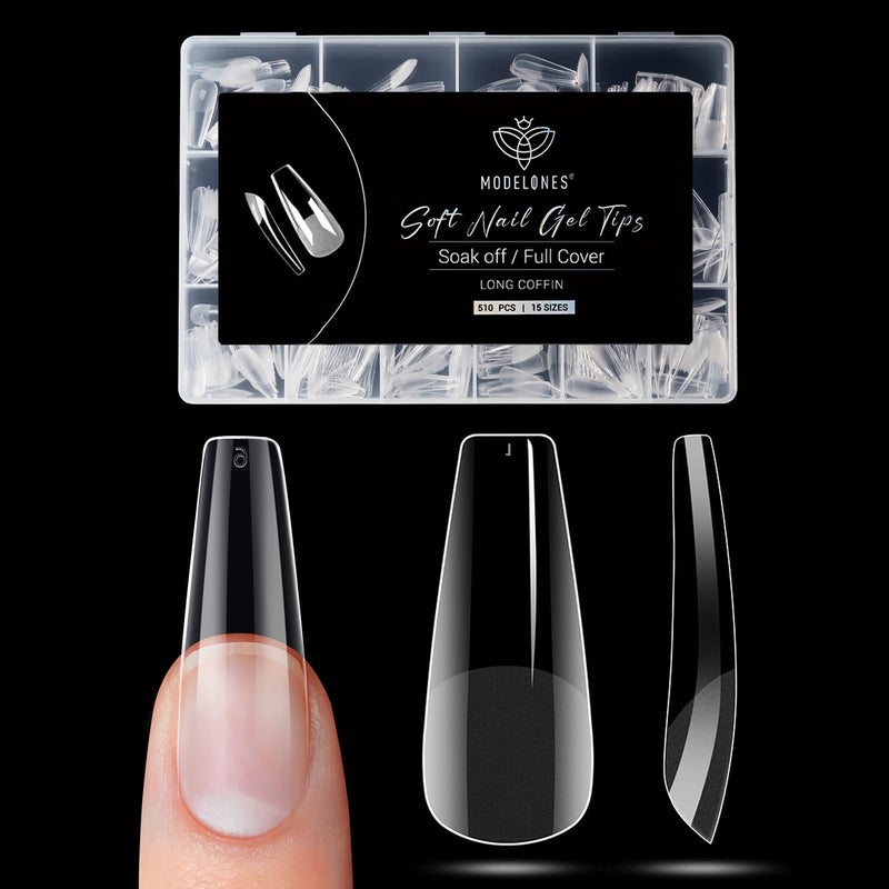 Modelones Long Coffin Nail Tips - 510Pcs Pre-shaped Half Matte Full Cover Fake Nails Gel Tips Acrylic Press on Manicure Extension DIY 15 Sizes - Image 1