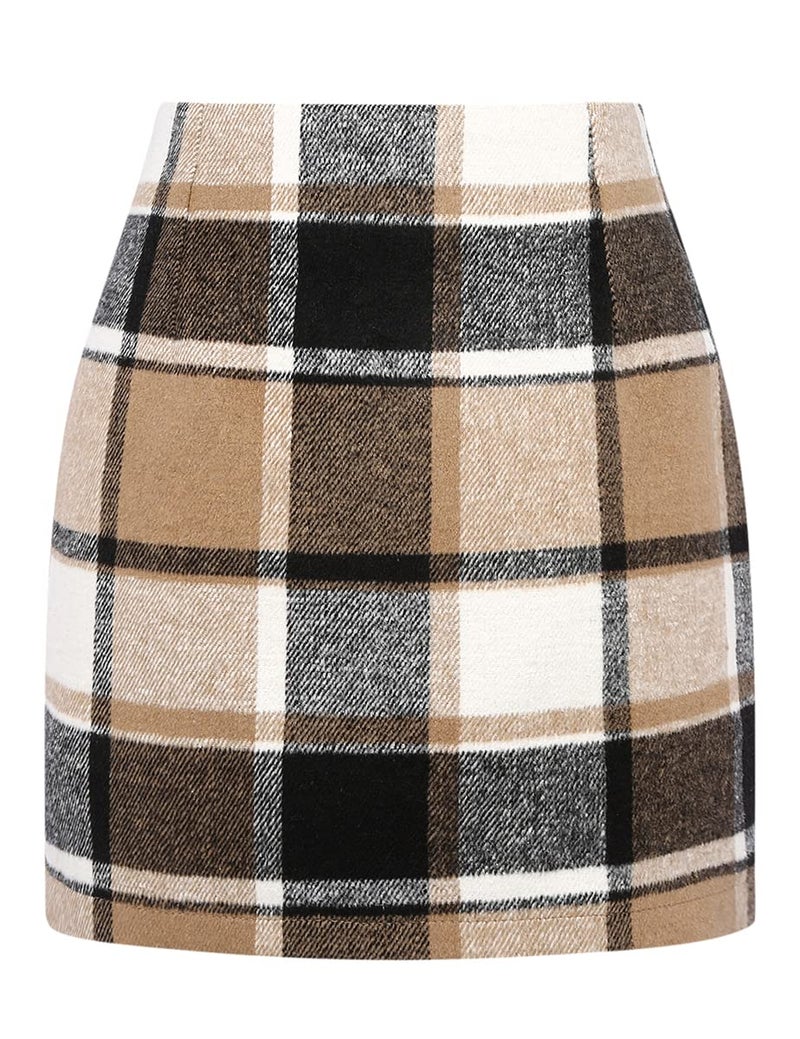 IDEALSANXUN Plaid Skirts for Women Fall Winter High Waisted Knee Length Wool Tweed Tartan Flannel Corduroy Mini Pencil Skirt, Brown New, S - Image 1