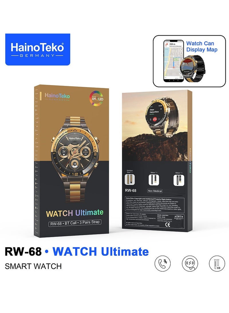 Haino Teko RW-68 WATCH Ultimate Smart Watch with AMOLED Display Bluetooth Calling GPS Map Display and 3 Pair Straps Black