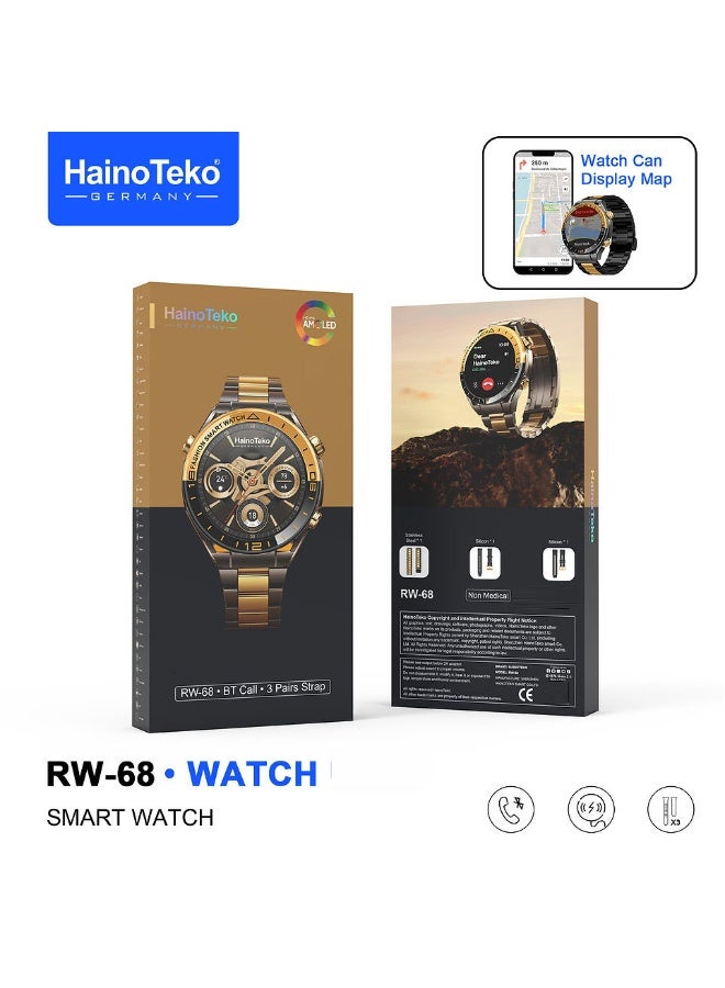 هينو تيكو ساعة هاينو تيكو RW-68 الذكية بشاشة AMOLED، مزودة بتقنية بلوتوث للمكالمات، ونظام تحديد المواقع العالمي (GPS)، وشاشة عرض الخرائط، و3 أزواج من الأساور، باللون الأسود. - Image 4