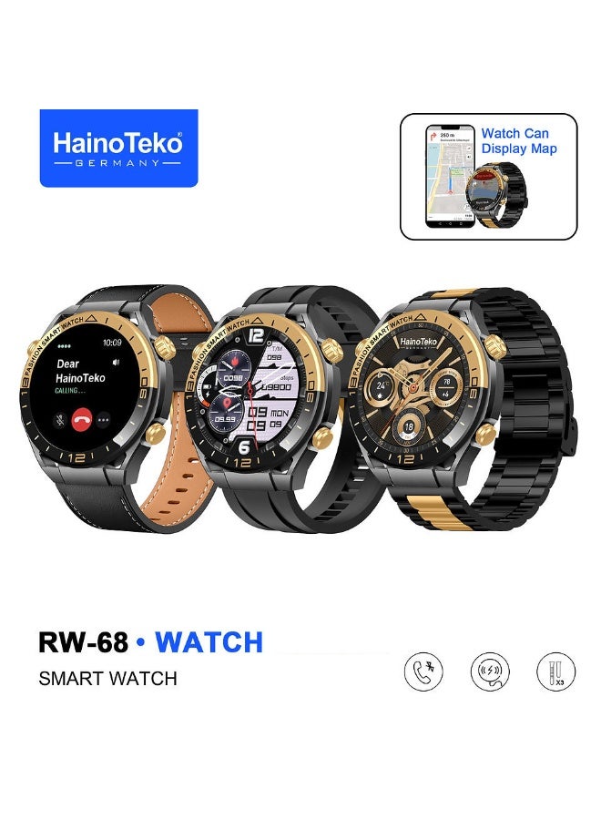 هينو تيكو ساعة هاينو تيكو RW-68 الذكية بشاشة AMOLED، مزودة بتقنية بلوتوث للمكالمات، ونظام تحديد المواقع العالمي (GPS)، وشاشة عرض الخرائط، و3 أزواج من الأساور، باللون الأسود. - Image 1