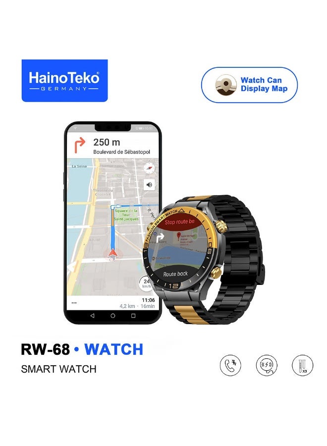 هينو تيكو ساعة هاينو تيكو RW-68 الذكية بشاشة AMOLED، مزودة بتقنية بلوتوث للمكالمات، ونظام تحديد المواقع العالمي (GPS)، وشاشة عرض الخرائط، و3 أزواج من الأساور، باللون الأسود. - Image 2