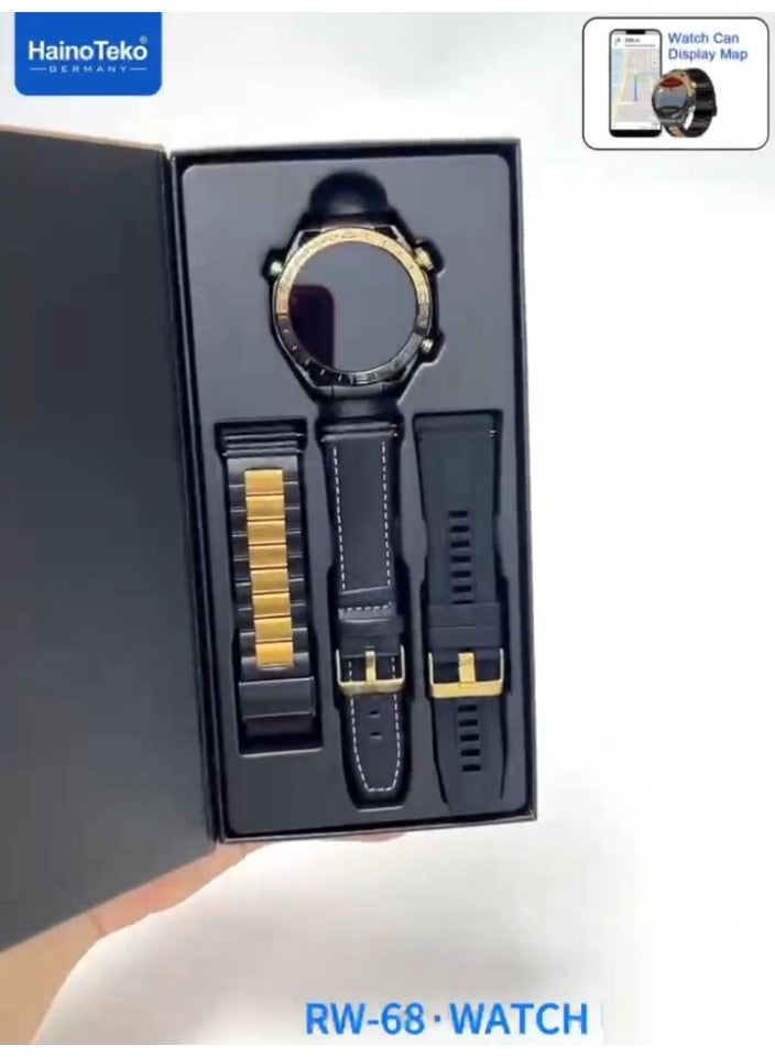 هينو تيكو ساعة هاينو تيكو RW-68 الذكية بشاشة AMOLED، مزودة بتقنية بلوتوث للمكالمات، ونظام تحديد المواقع العالمي (GPS)، وشاشة عرض الخرائط، و3 أزواج من الأساور، باللون الأسود. - Image 5