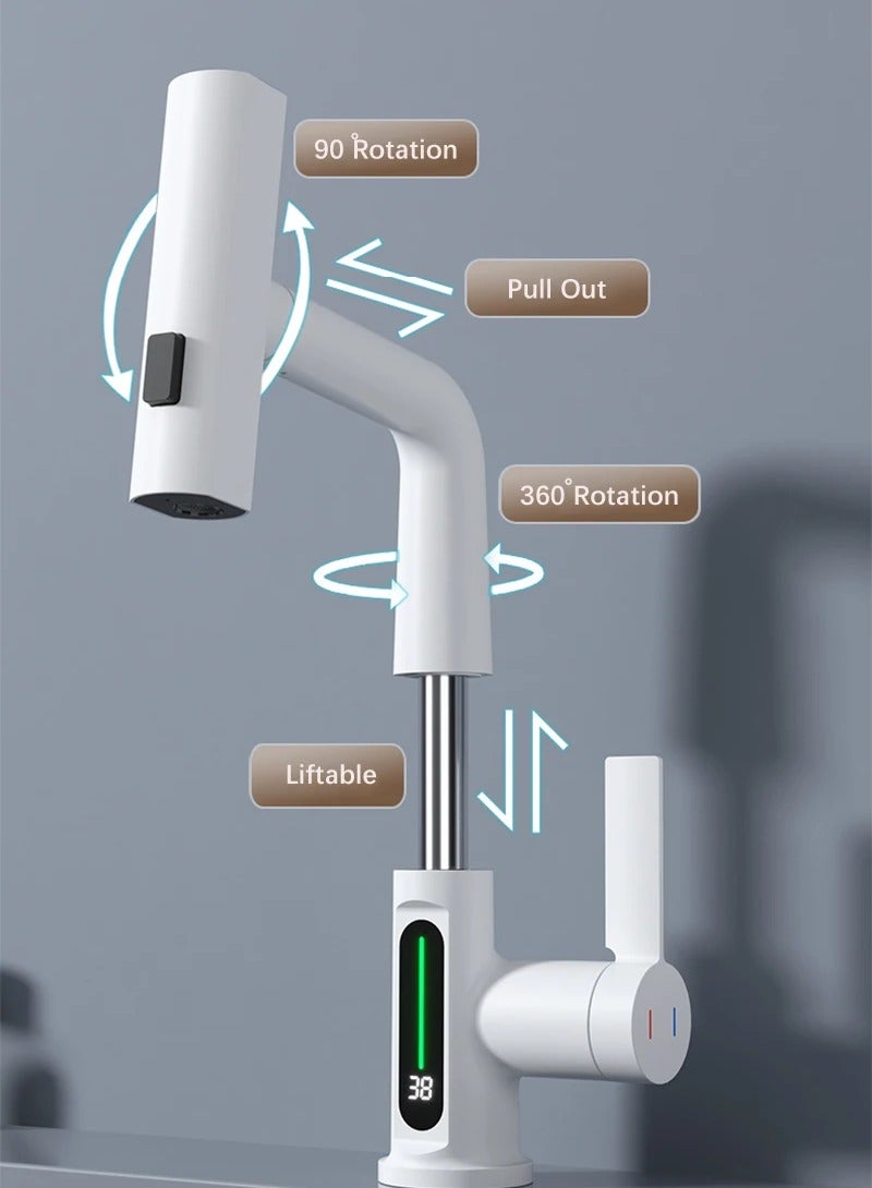AROAQ Waterfall Pull Out Kitchen Faucet White Intelligent Digital Display Cold Hot Mixer Taps Rotatable Sink Lifting Basin Faucet - Image 4